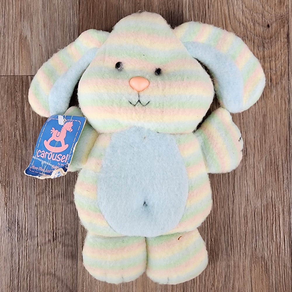 Vintage 1984 Carousel‎ by Guy Pastel Striped Bunny Rabbit Plush Soft Fleece 9.5"